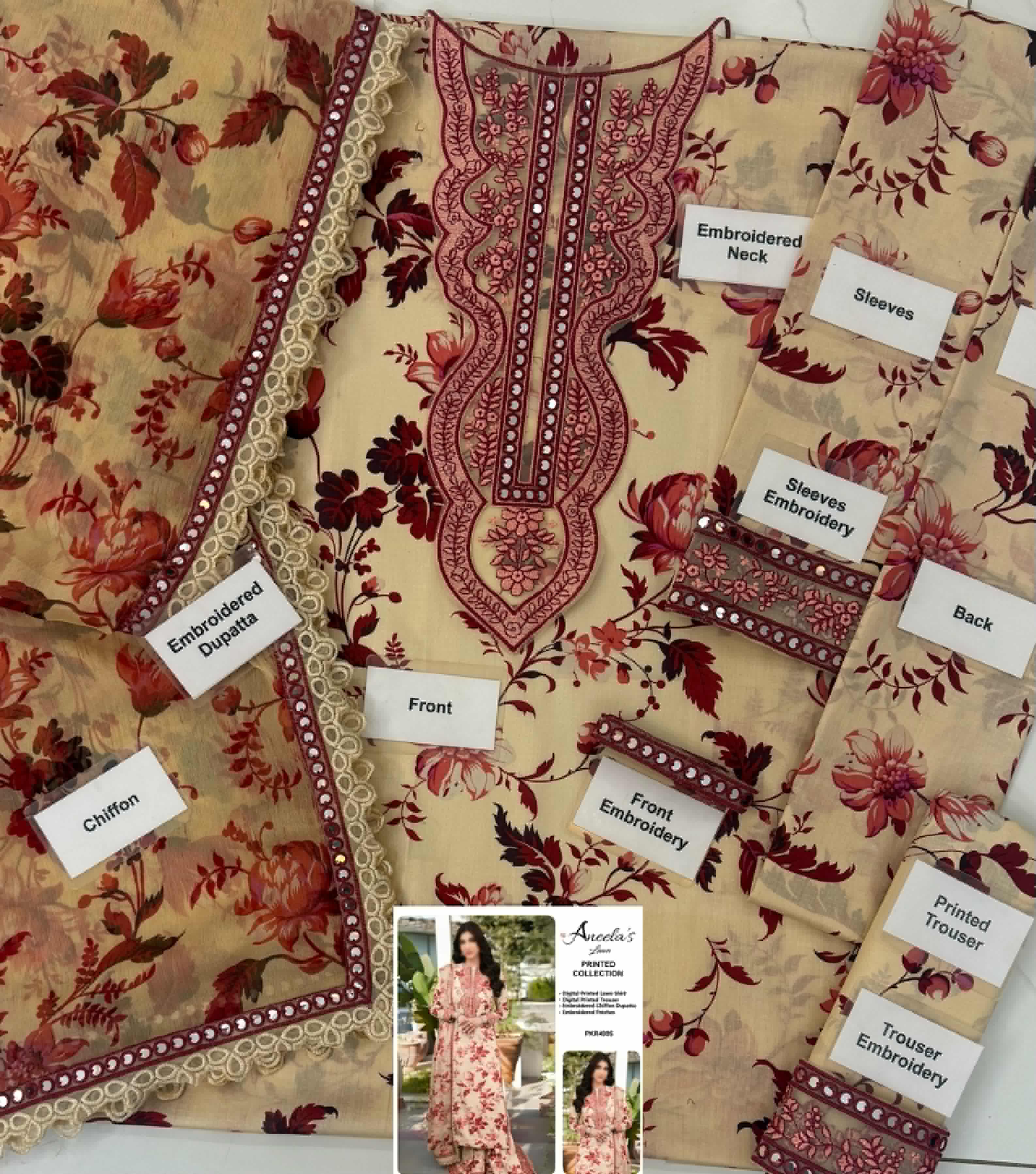 ANEELAS UNSTITCHED 3PCS LAWN PATCHES