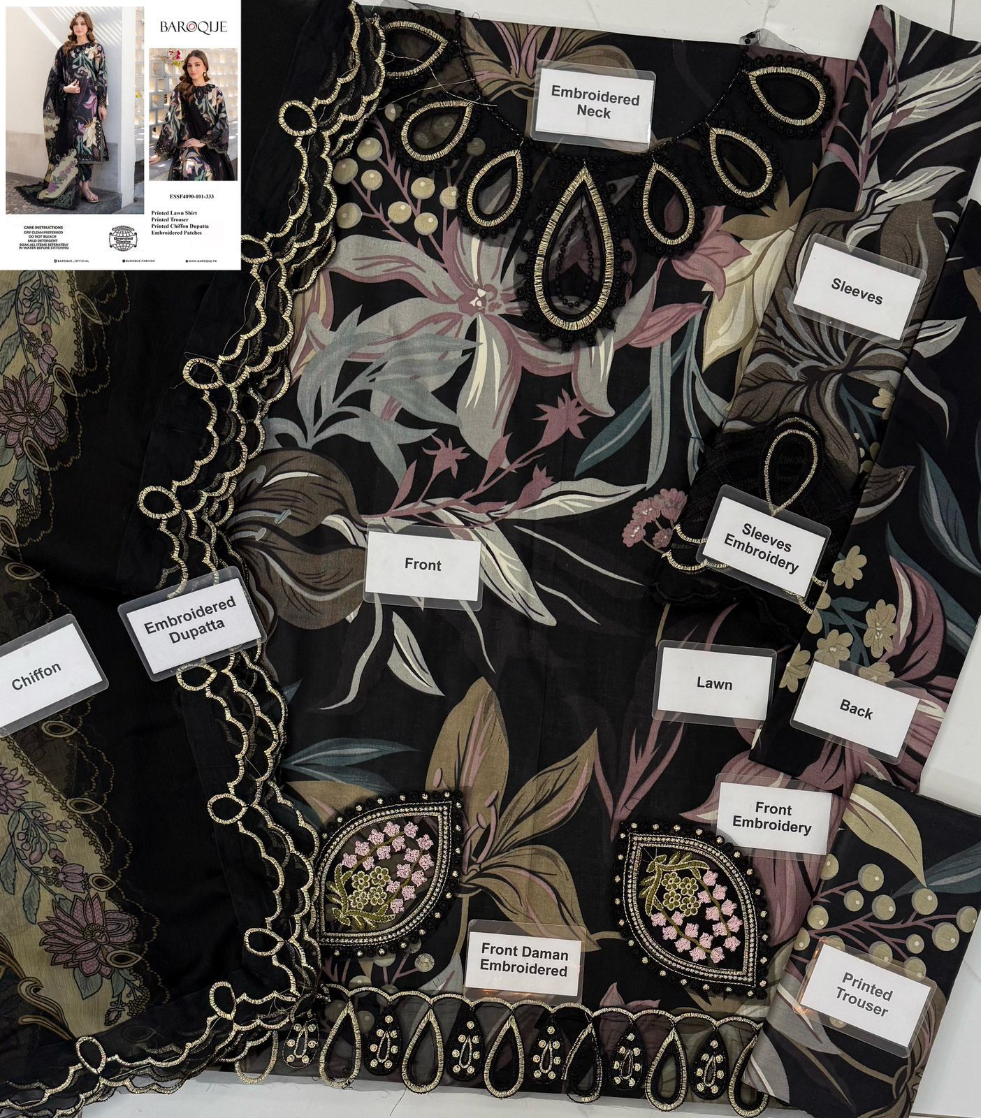 BARORUE UNSTITCHED LAWN 3PCS PATCHES